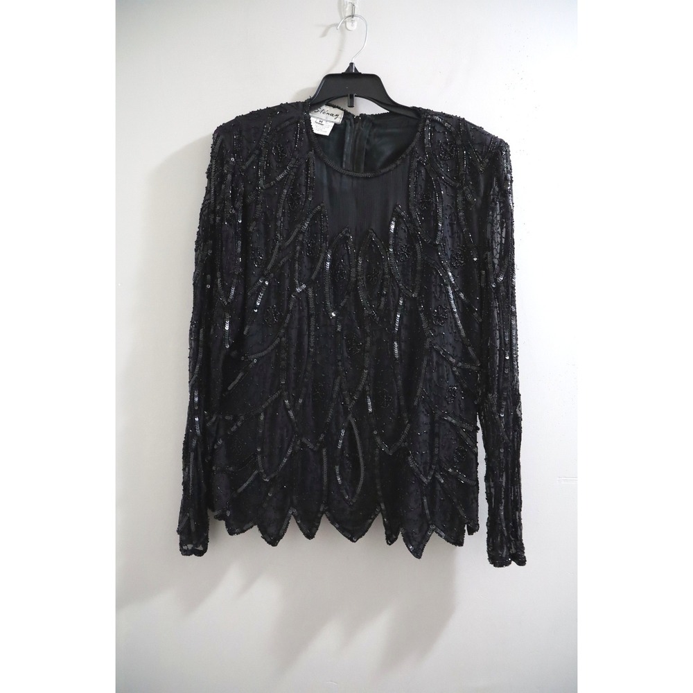 Stenay Vintage Black Silk Beaded Sequin Blouse Long Sleeve Evening Top Medium